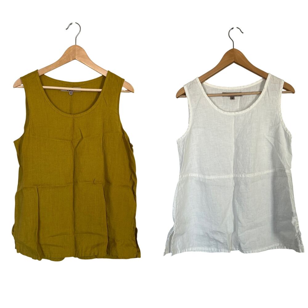 Flax Linen Tank Tops Lot of 2 Sz S Solid Green White Lagenlook Sleeveless Beach